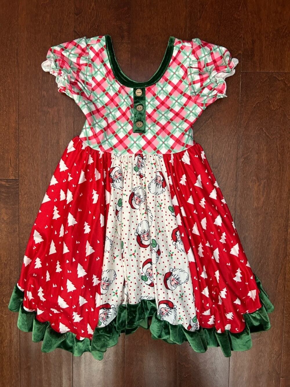 Cheeky Plum Girl’s Multi Print Christmas Holiday Dress with Green Velvet, Size 6